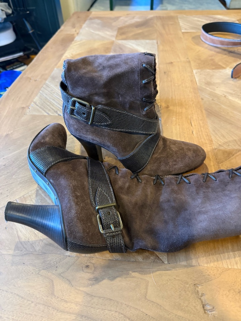 Cole Haan Suede Lace-Up Knee High Boots with Buckle Strap - Brown